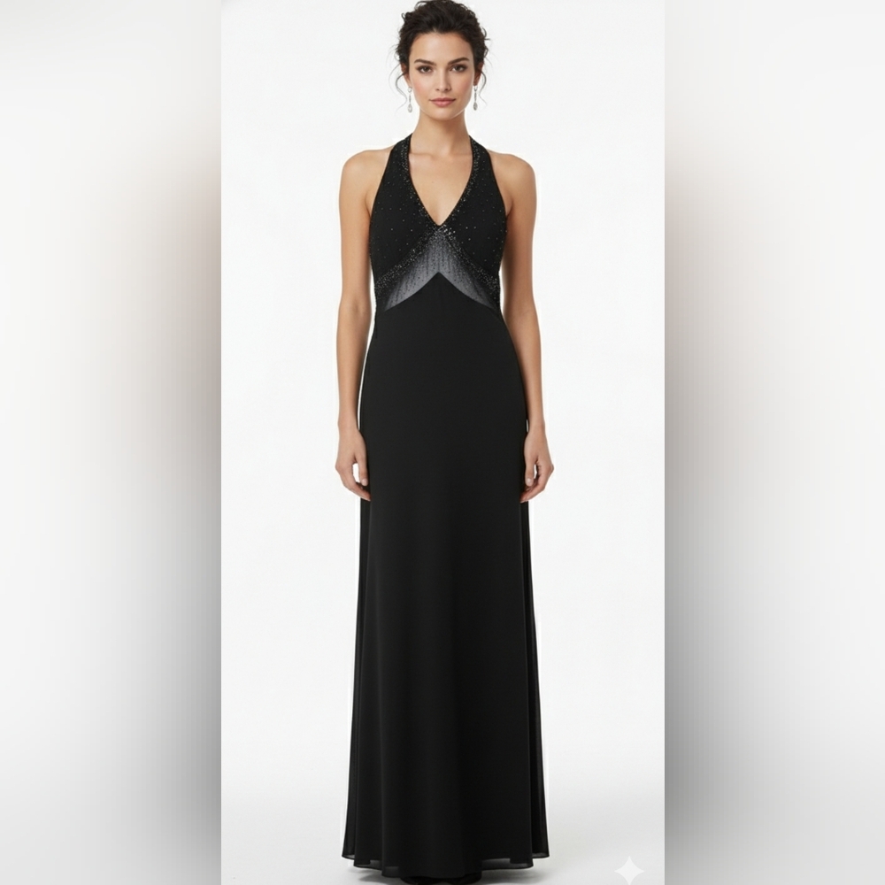 Vintage Blondie Nite by Jaslene Y2K Black Beaded Evening Dress Maxi Mesh 13